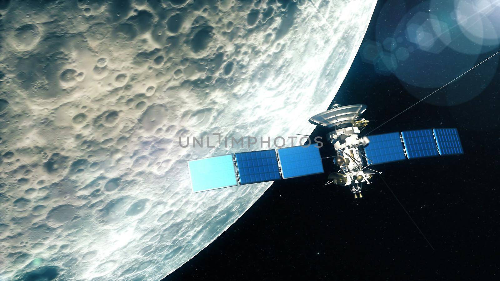 realistic satellite in low Moon orbit. 3D rendering by designprojects