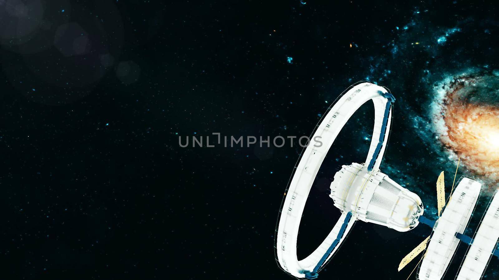 Space station flies around the Galaxy. 3D rendering by designprojects