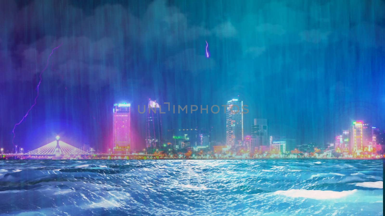 Thunderstorm with rain and lightning in night city 3D rendering by designprojects