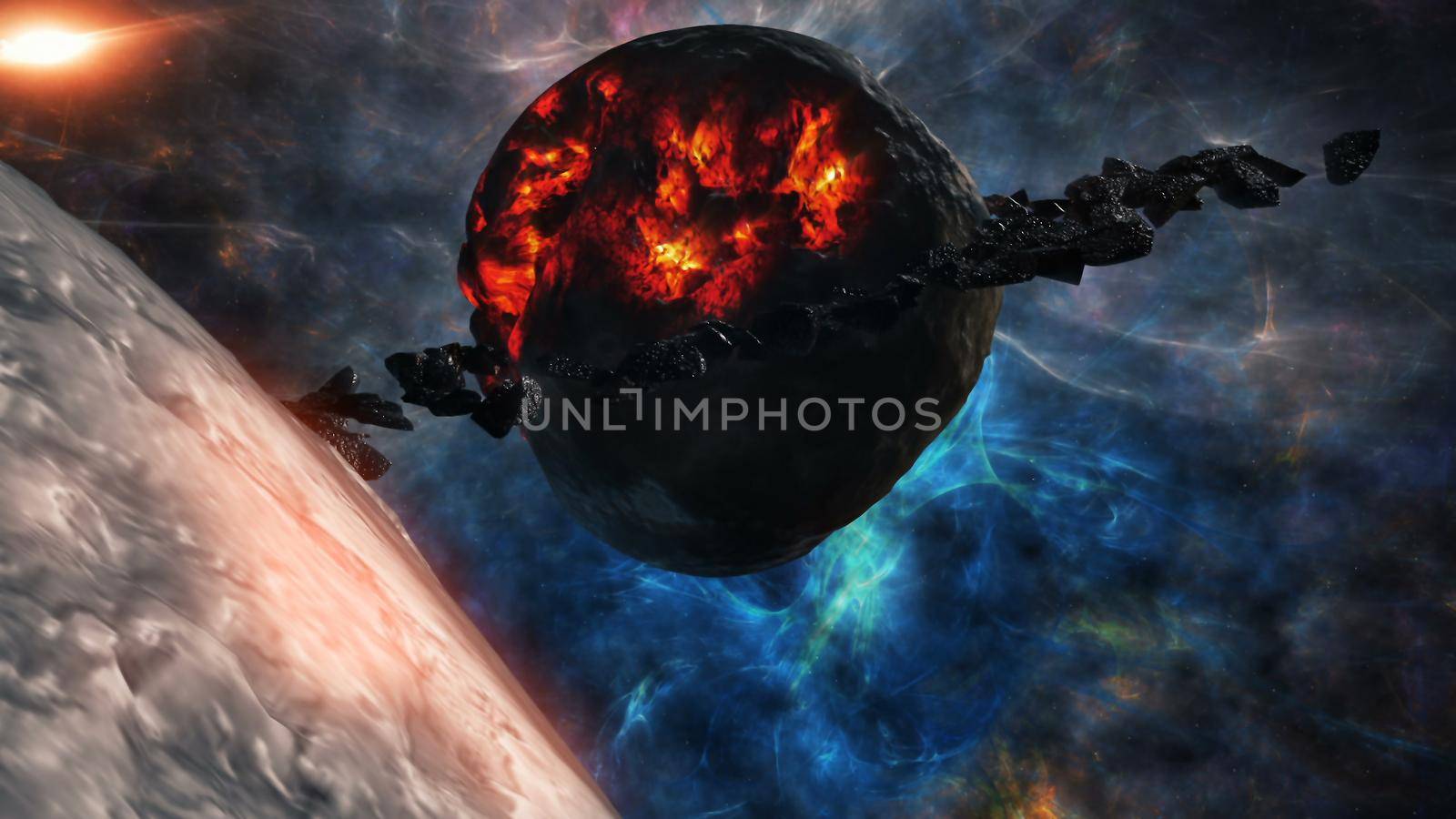 Flying through Star fields in space near a destroyed planet. 3d rendering