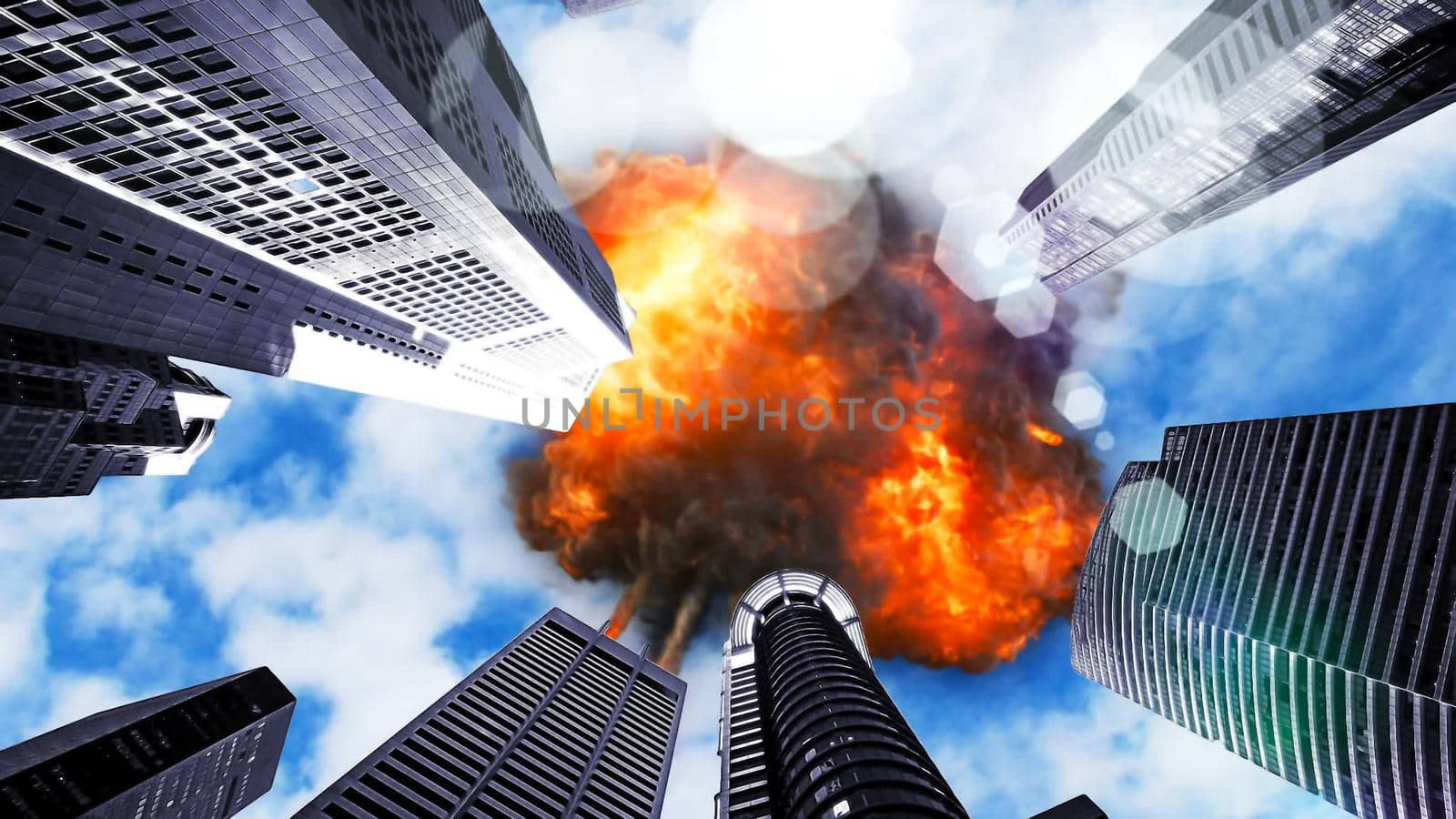 Meteor explodes in the sky over skyscrapers 3D rendering by designprojects