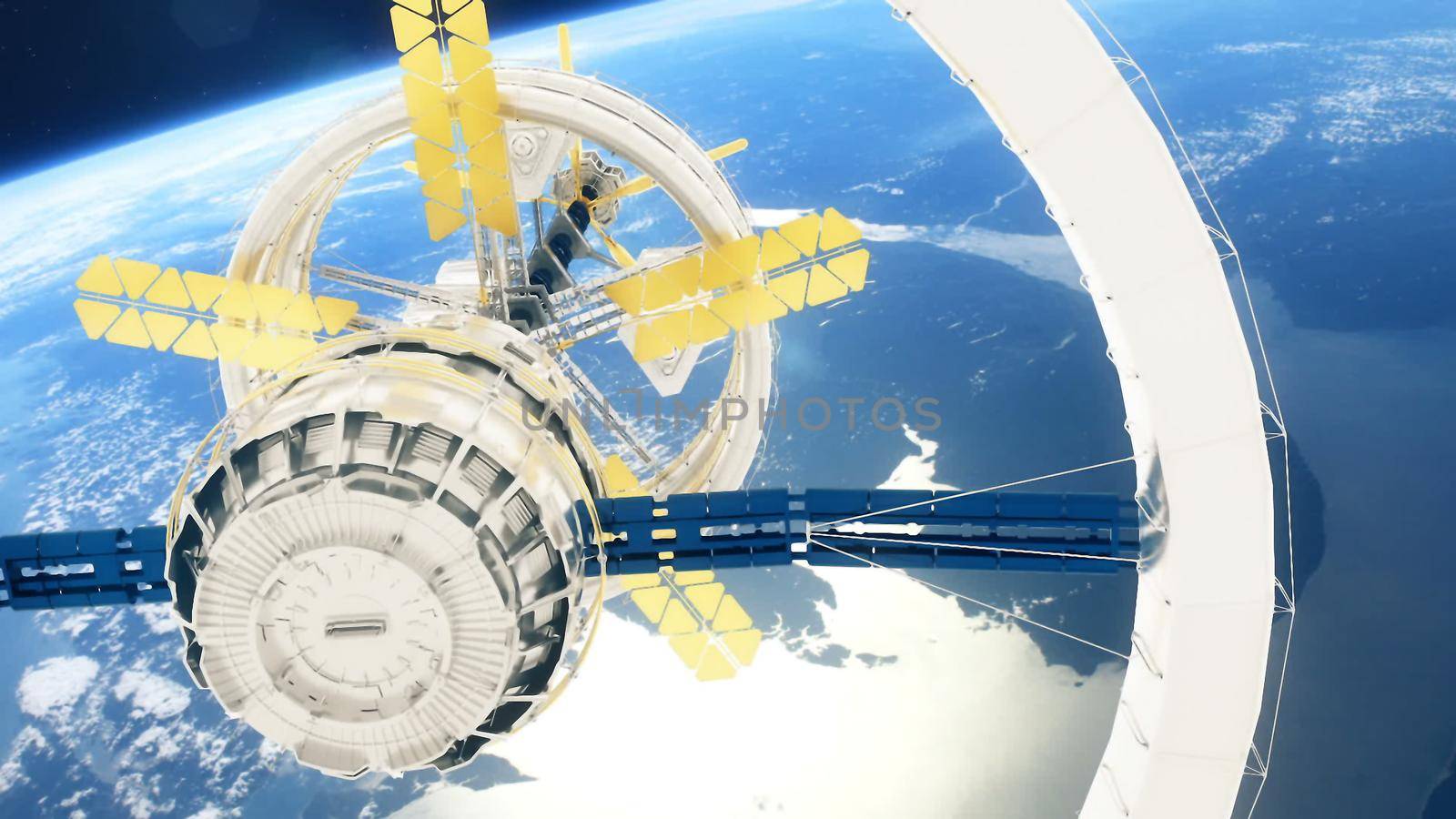 Space station flies around the Earth. 3D rendering by designprojects