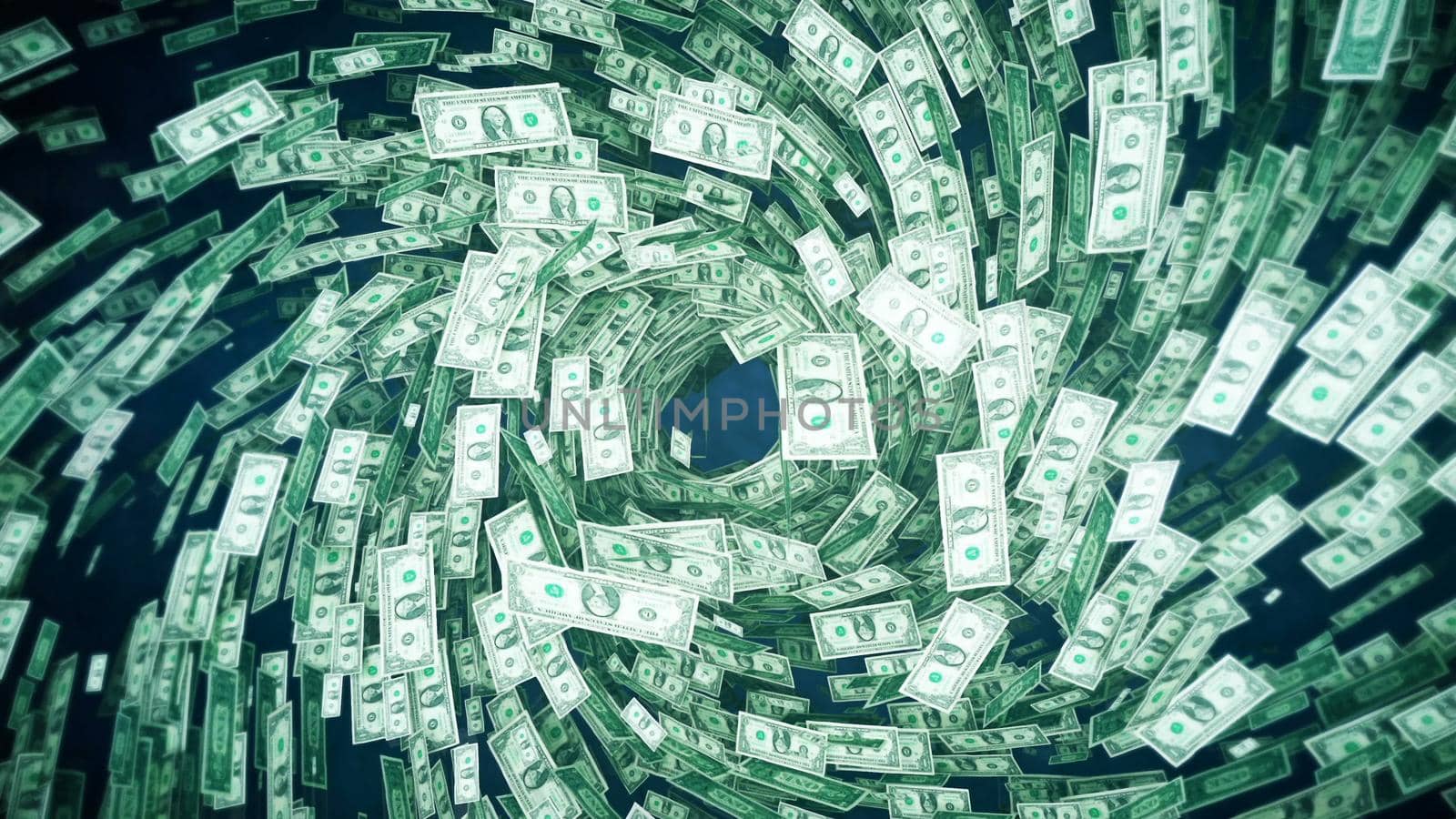 One hundred dollar bills in a tornado. 3D rendering by designprojects