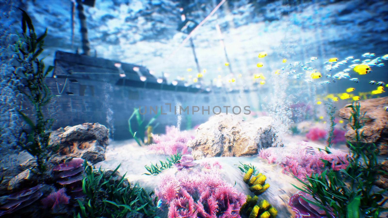 Underwater ocean waves and pirate ship 3D rendering by designprojects