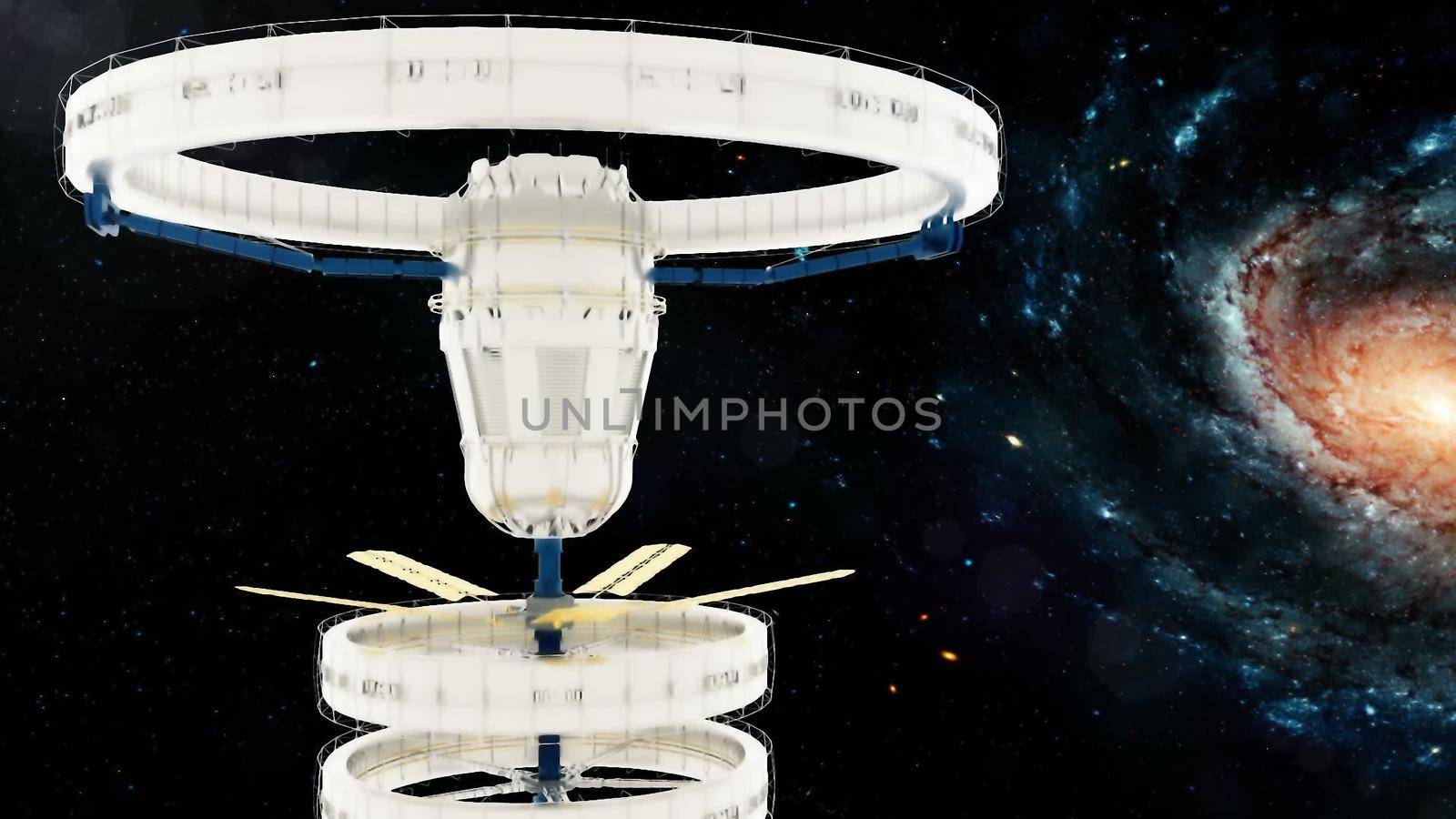 Space station flies around the Galaxy. 3d rendering