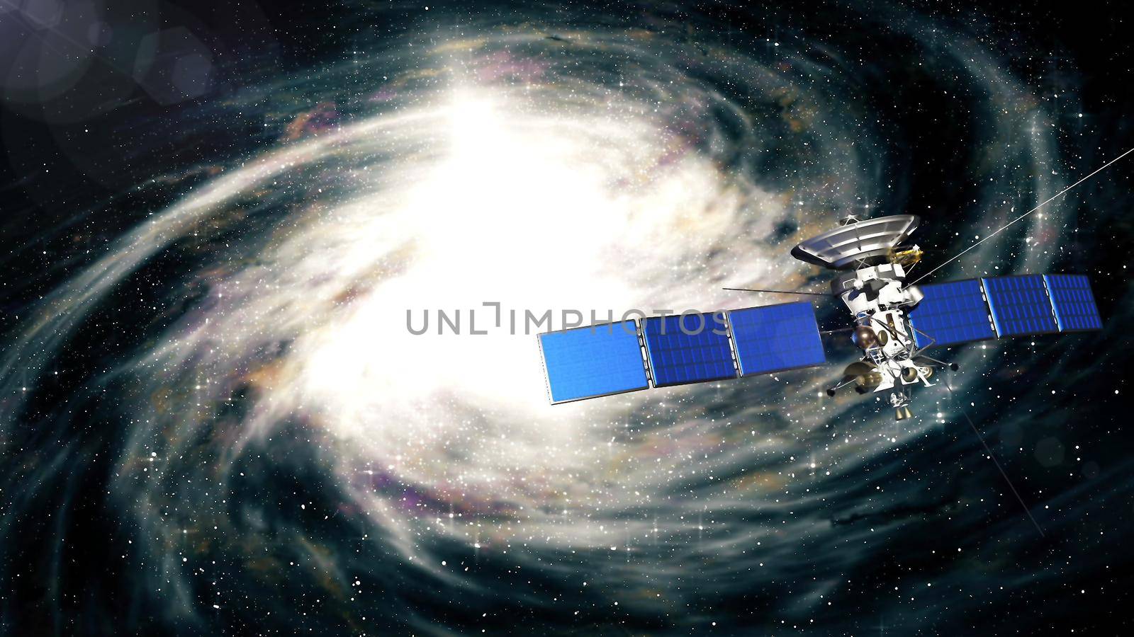 Beautiful realistic satellite flies past the galaxy