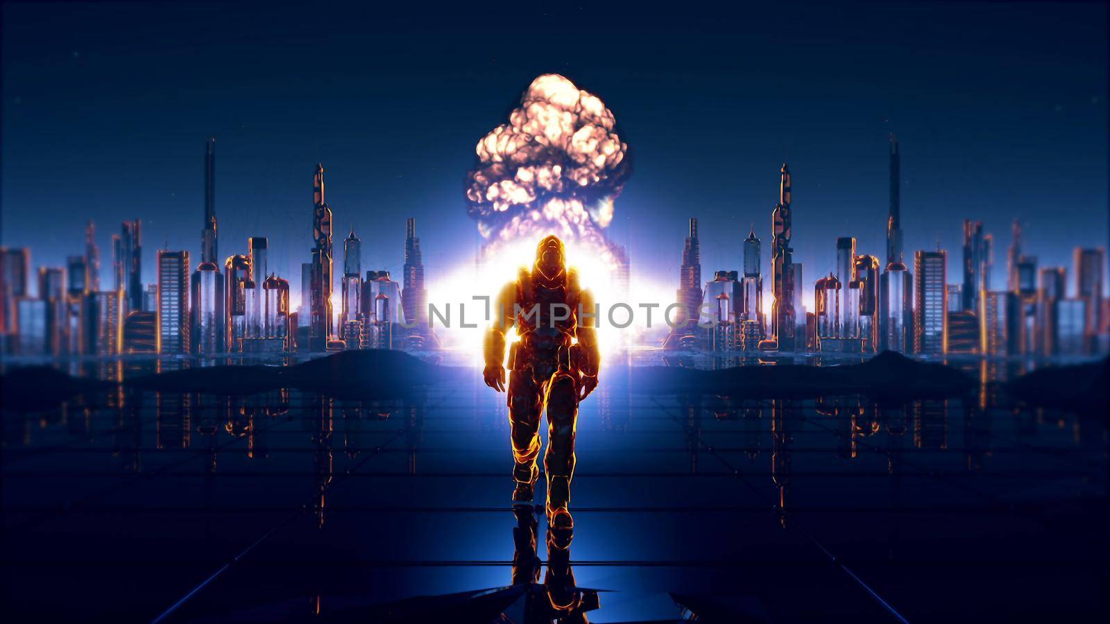 A futuristic soldier on the background of future city with a detonated atomic bomb.
