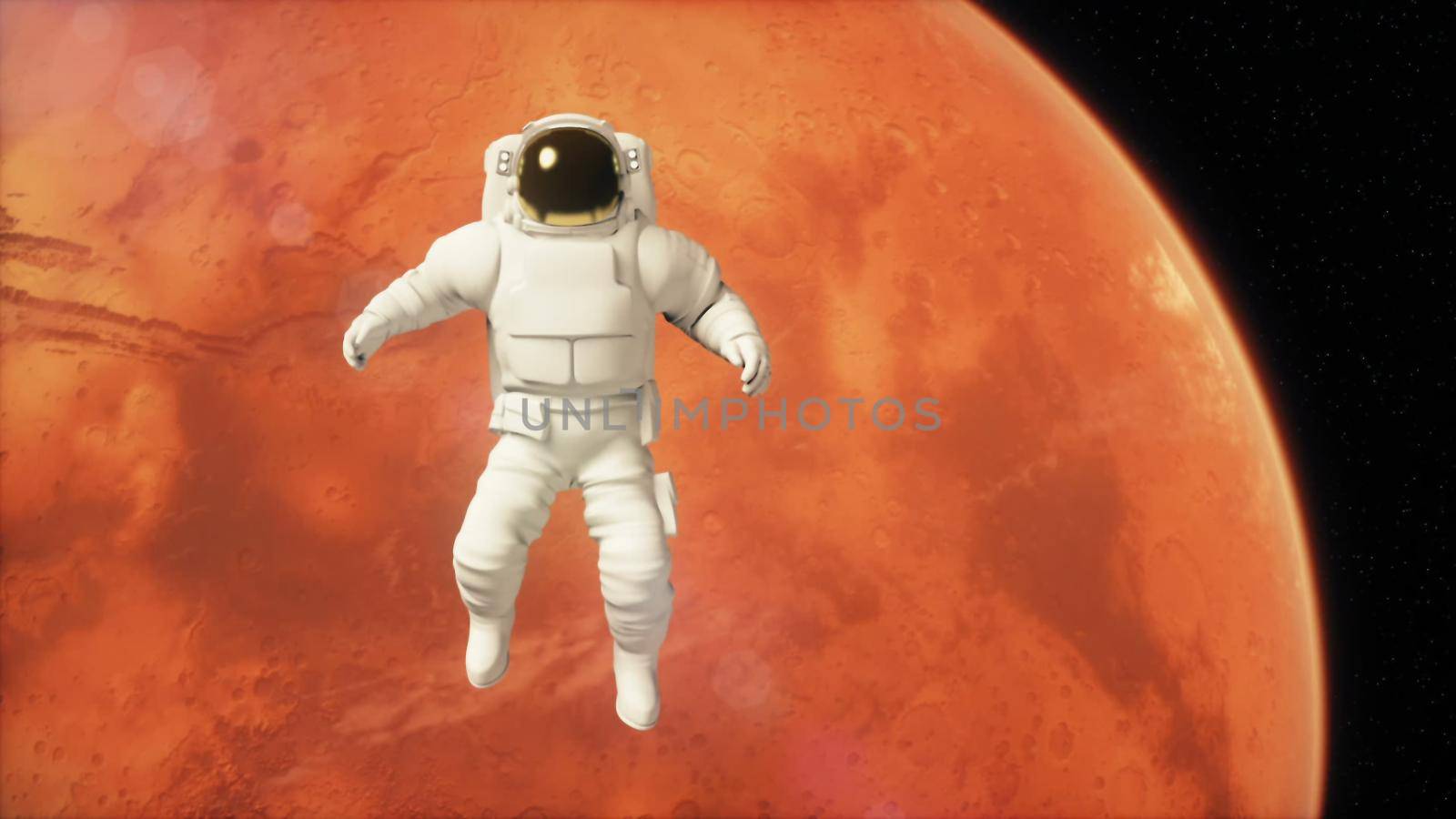 Astronaut in outer space is flying over the Mars 3D rendering by designprojects