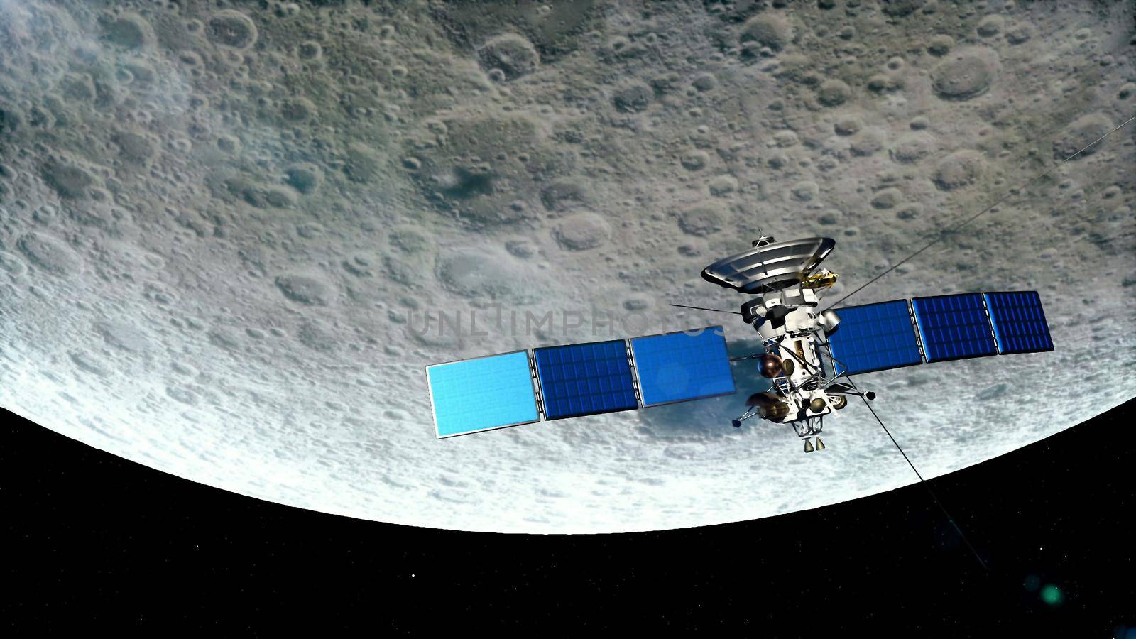 realistic satellite in low Moon orbit. 3D rendering by designprojects
