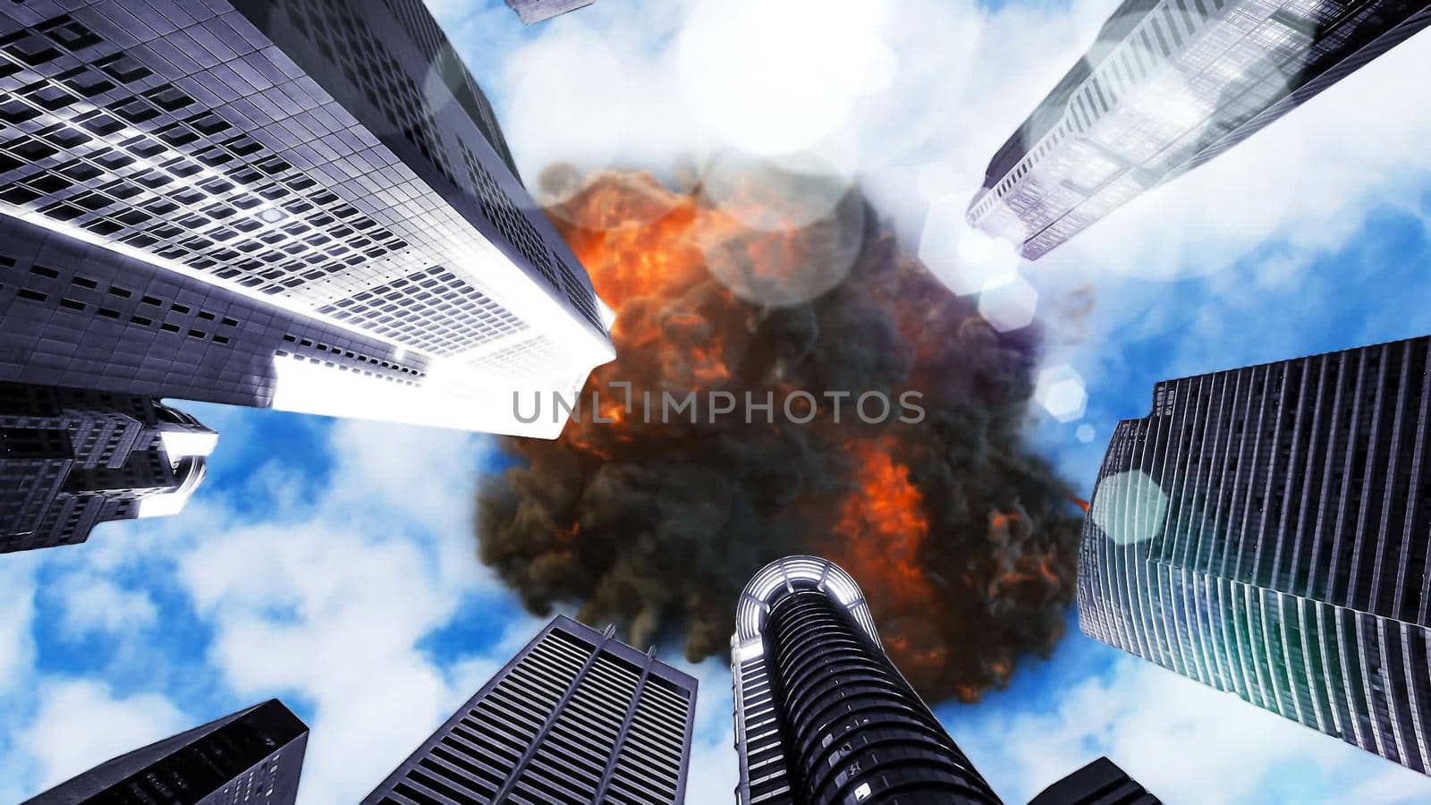 UFO explodes in the sky over skyscrapers. 3D Rendering