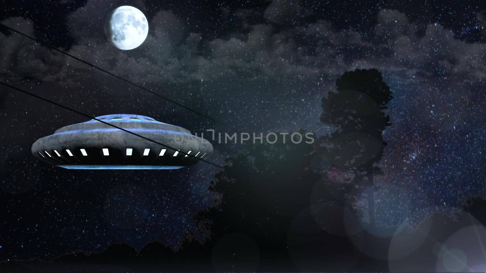 UFO flies over the night forest, Abstract Background 3D rendering by designprojects