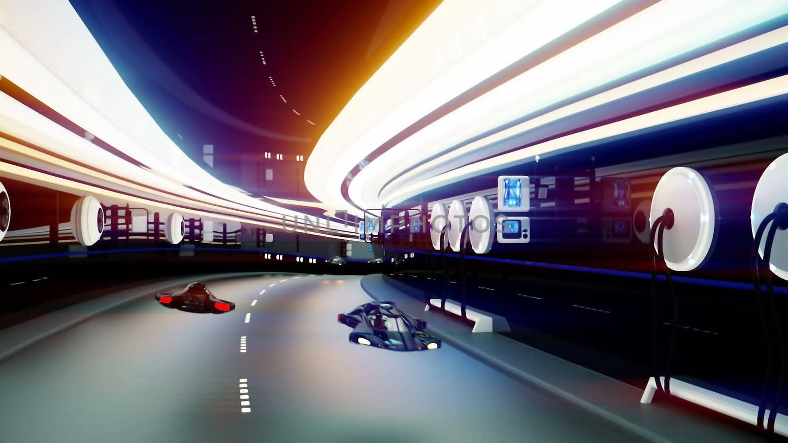 futuristic flying cars with futuristic police in sci fi tunnel.