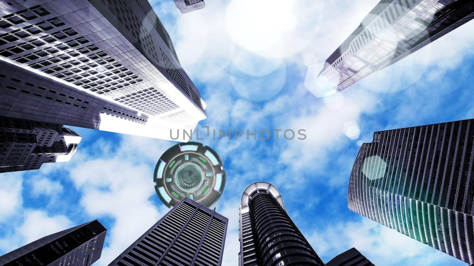 UFO flying over the city 3D rendering by designprojects