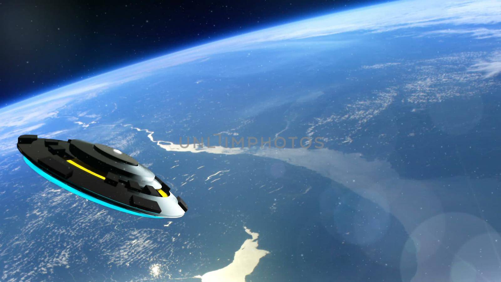 UFO is flying over the Earth, Abstract Background 3D rendering by designprojects