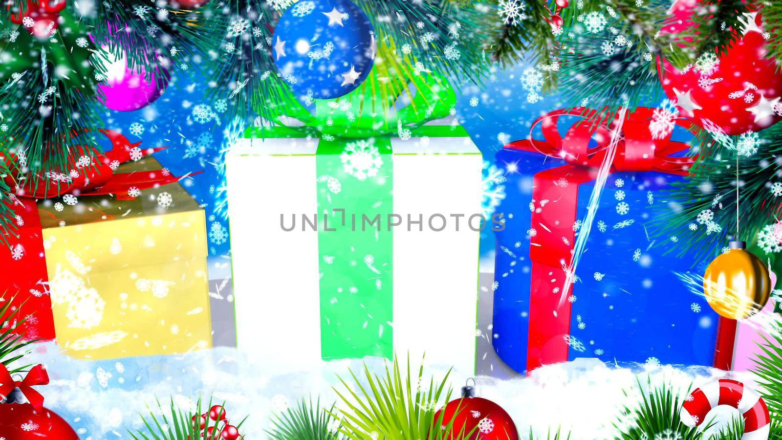 Background with nice snowflakes and xmas gift boxes 3D rendering by designprojects