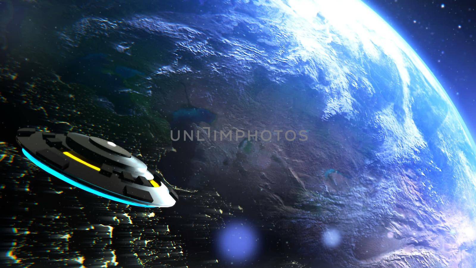 UFO is flying over the Earth, Abstract Background 3D rendering by designprojects