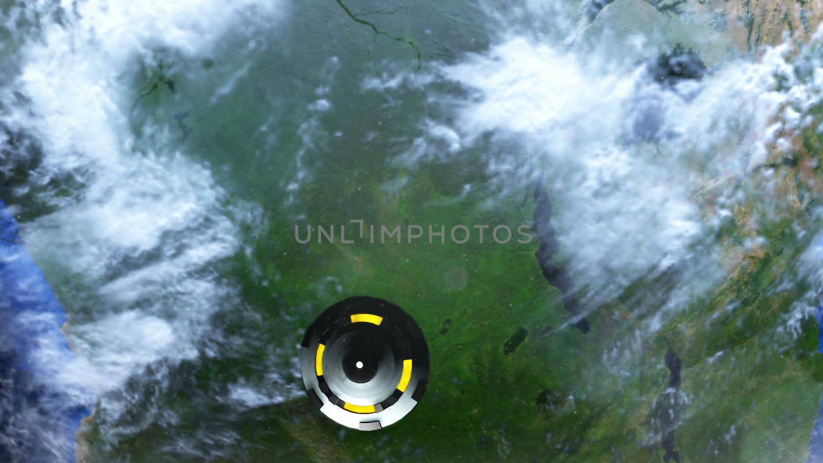 UFO is flying over the Earth, Abstract Background 3D rendering by designprojects