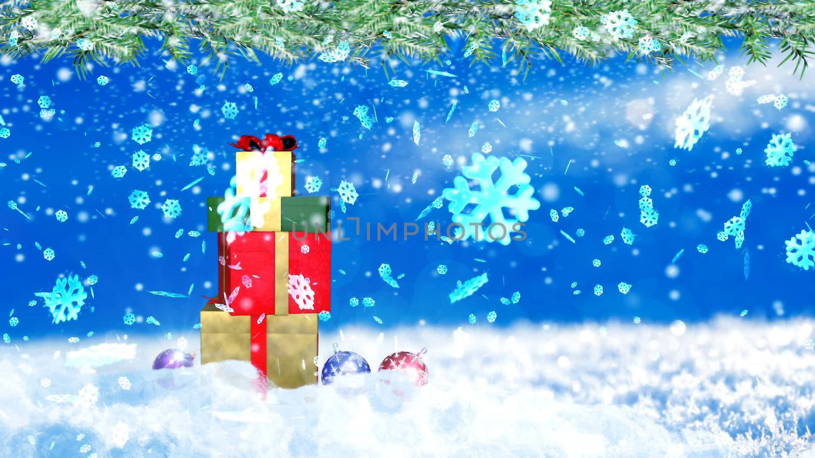 Background with nice snowflakes and xmas gift boxes 3D rendering by designprojects