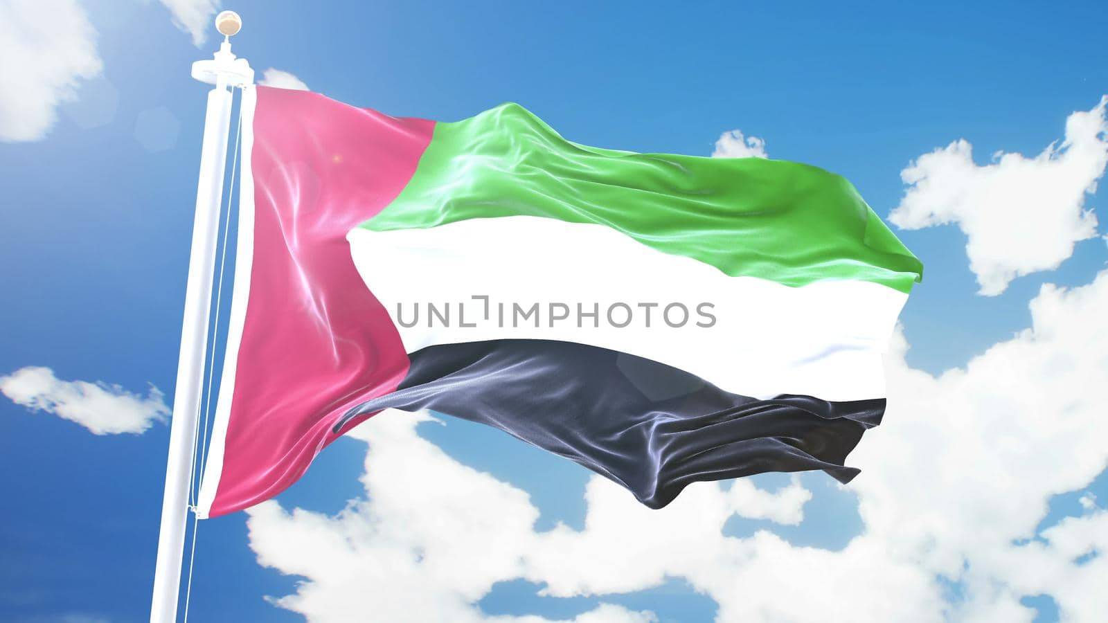 flag of United Arab Emirates waving against time-lapse clouds background. 3D rendering by designprojects