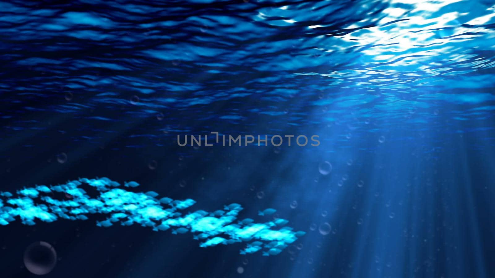 Underwater scene with bubbles and fish 3D rendering by designprojects