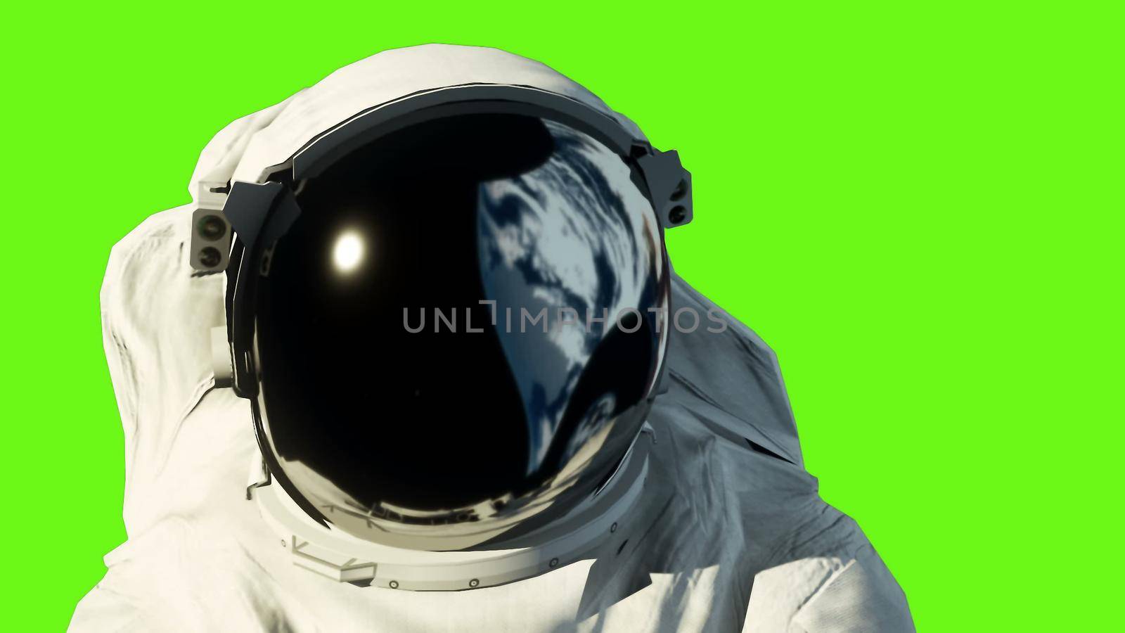 An astronaut on the moon next to his moon rover watching the Earth. Green screen.. 3D rendering by designprojects