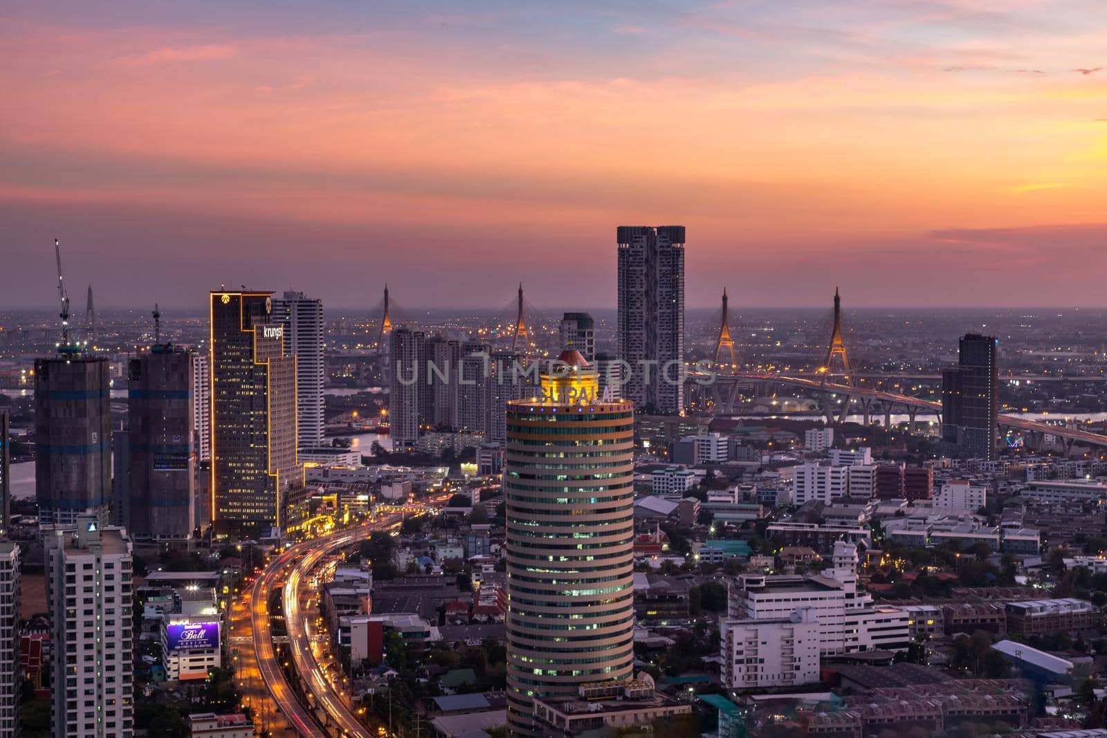 Bangkok, thailand - Mar 06, 2020 : Sky view of Bangkok with skyscrapers in the business district in Bangkok in the evening beautiful twilight give the city a modern style. Selective focus.