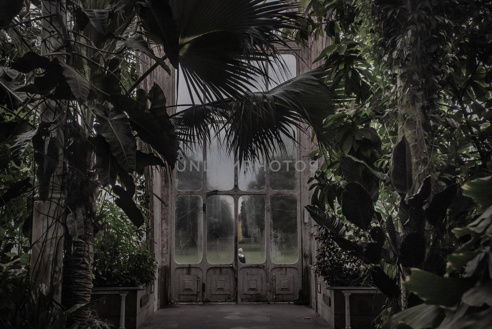London, UK - Apr 9, 2019 : Beautiful exit door of Palm House at Kew Gardens (Royal Botanic Gardens).