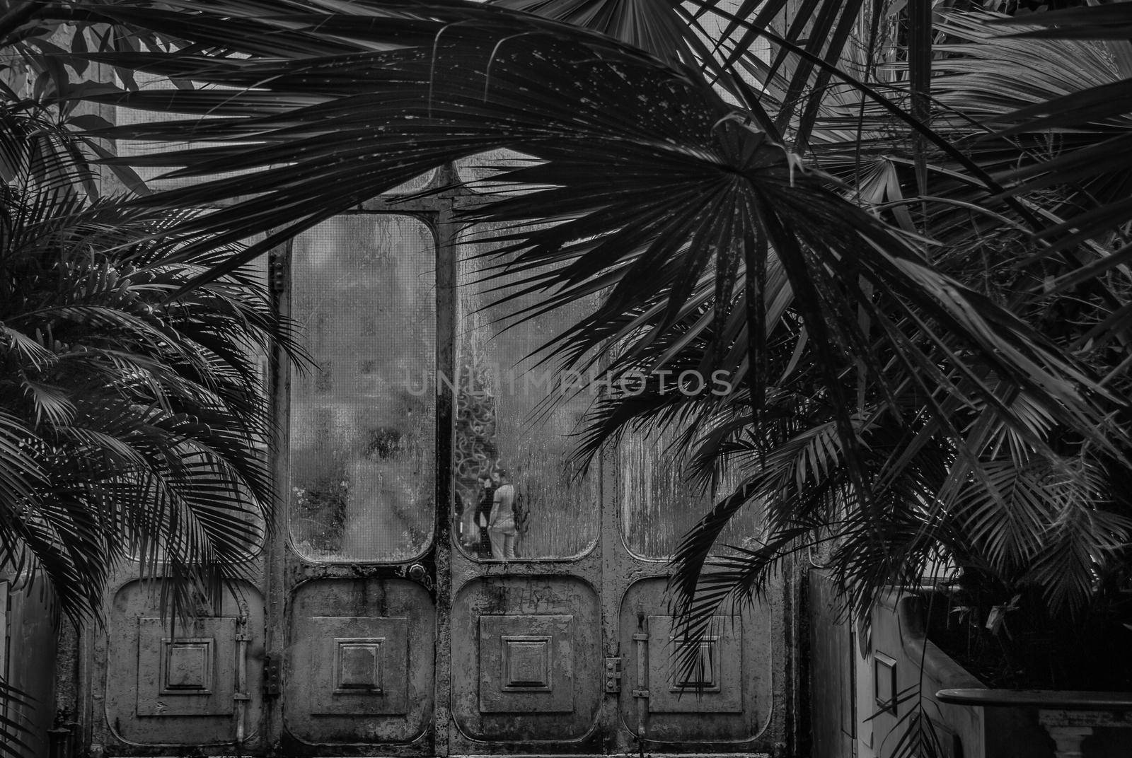 London, UK - Apr 9, 2019 : Beautiful exit door of Palm House at Kew Gardens (Royal Botanic Gardens).