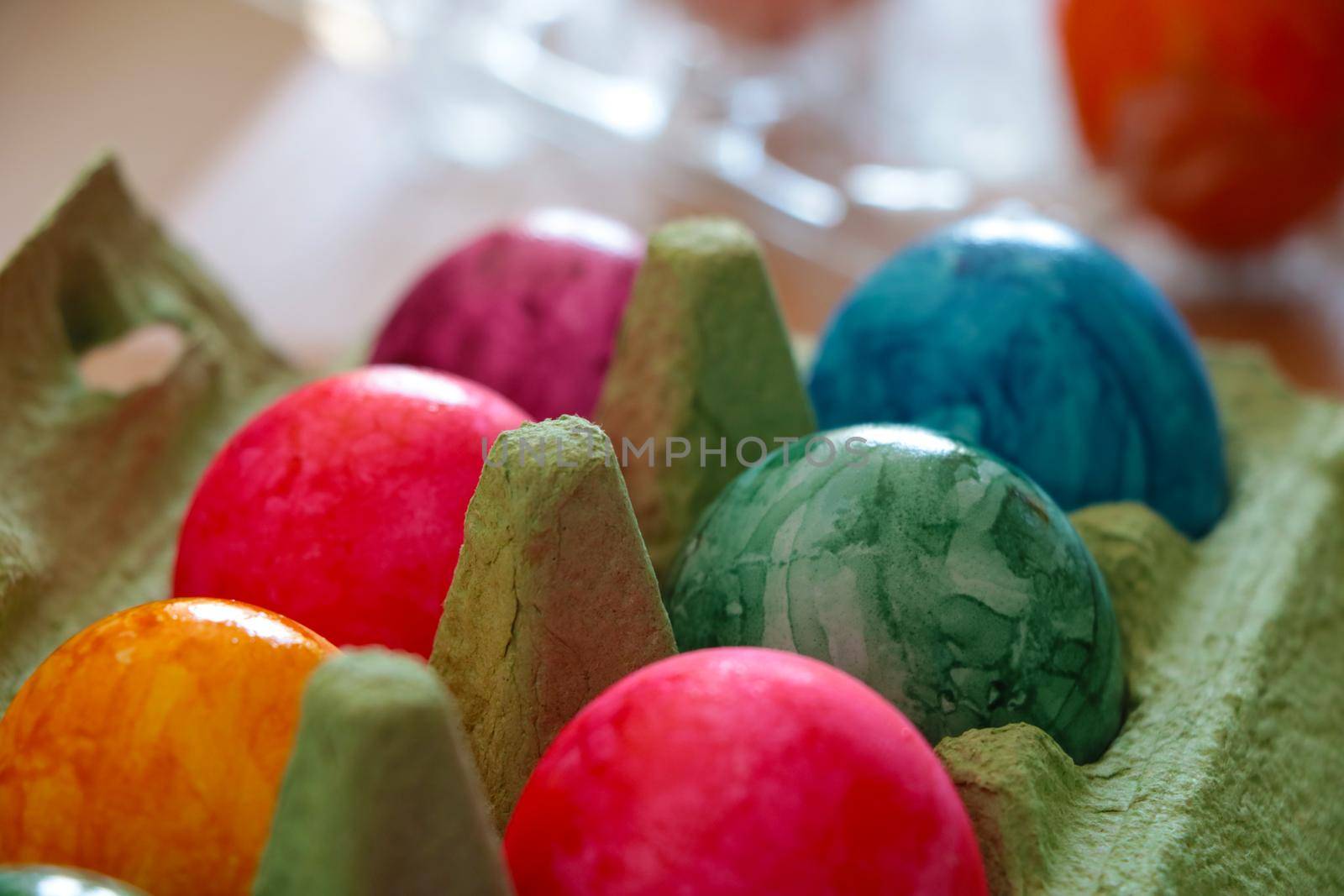 Easter eggs in a package. Bright spring holiday