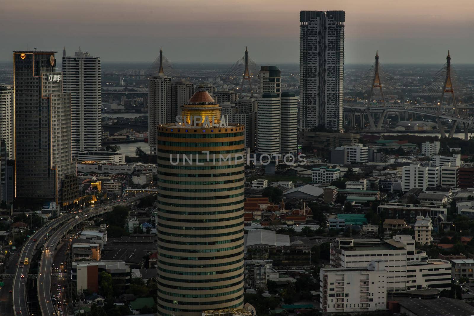 Bangkok, thailand - Mar 06, 2020 : Sky view of Bangkok with skyscrapers in the business district in Bangkok in the evening beautiful twilight give the city a modern style. Selective focus.
