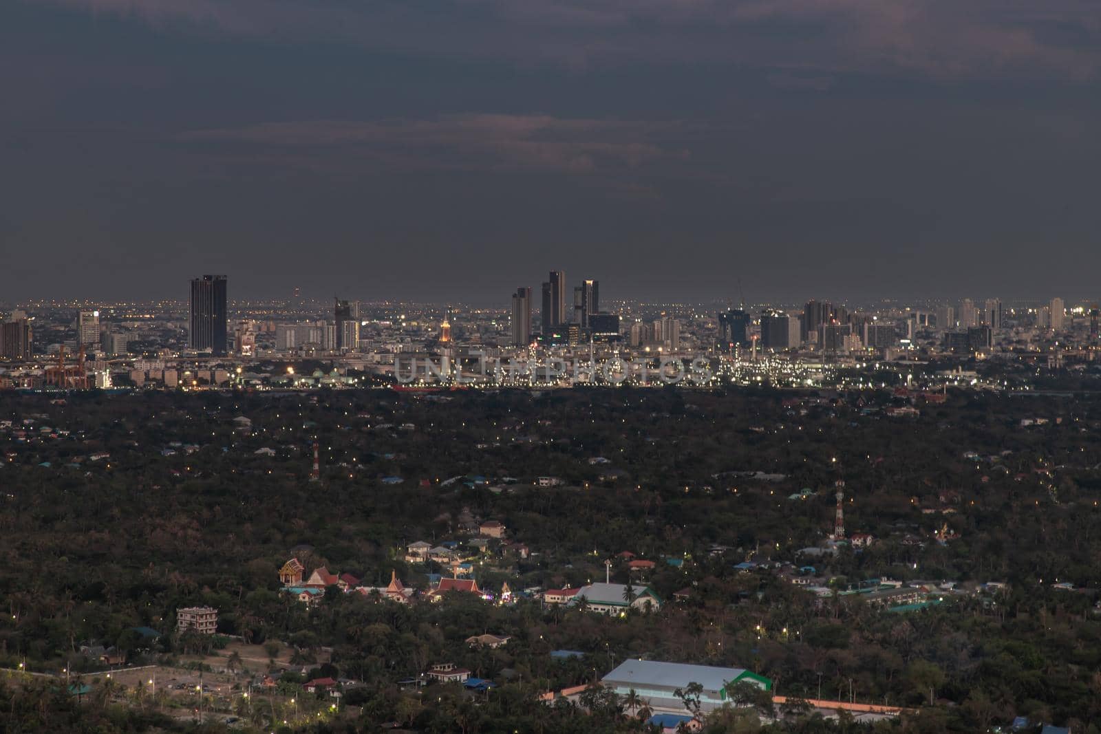 Bangkok, thailand - Mar 06, 2020 : Sky view of Bangkok with skyscrapers in the business district in Bangkok in the evening beautiful twilight give the city a modern style. Selective focus.