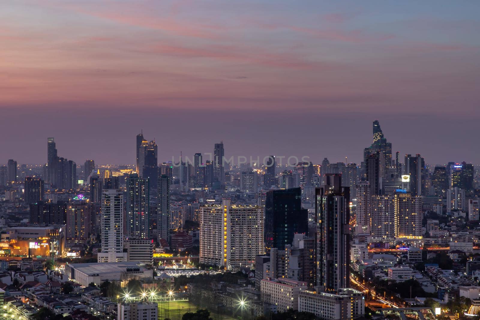 Bangkok, thailand - Mar 06, 2020 : Sky view of Bangkok with skyscrapers in the business district in Bangkok in the evening beautiful twilight give the city a modern style. Selective focus.
