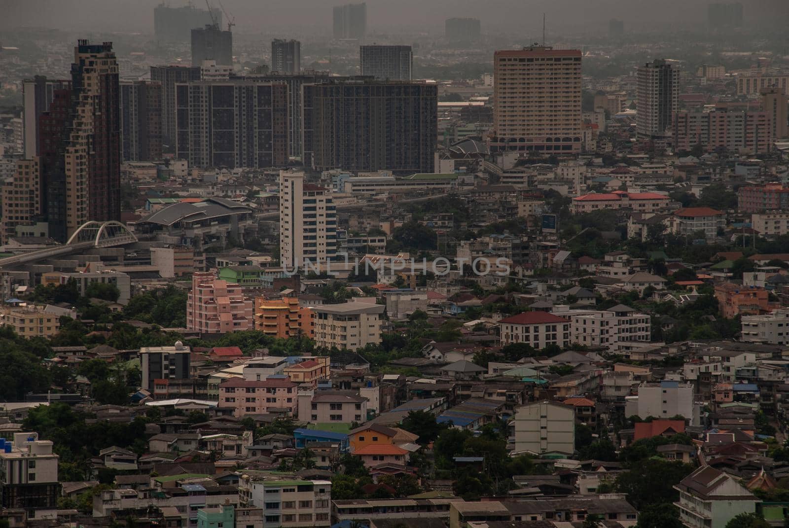 Bangkok, Thailand - Oct 05, 2019 : Aerial view of Bangkok skyscraper buildings at afternoon. Landscape photo.