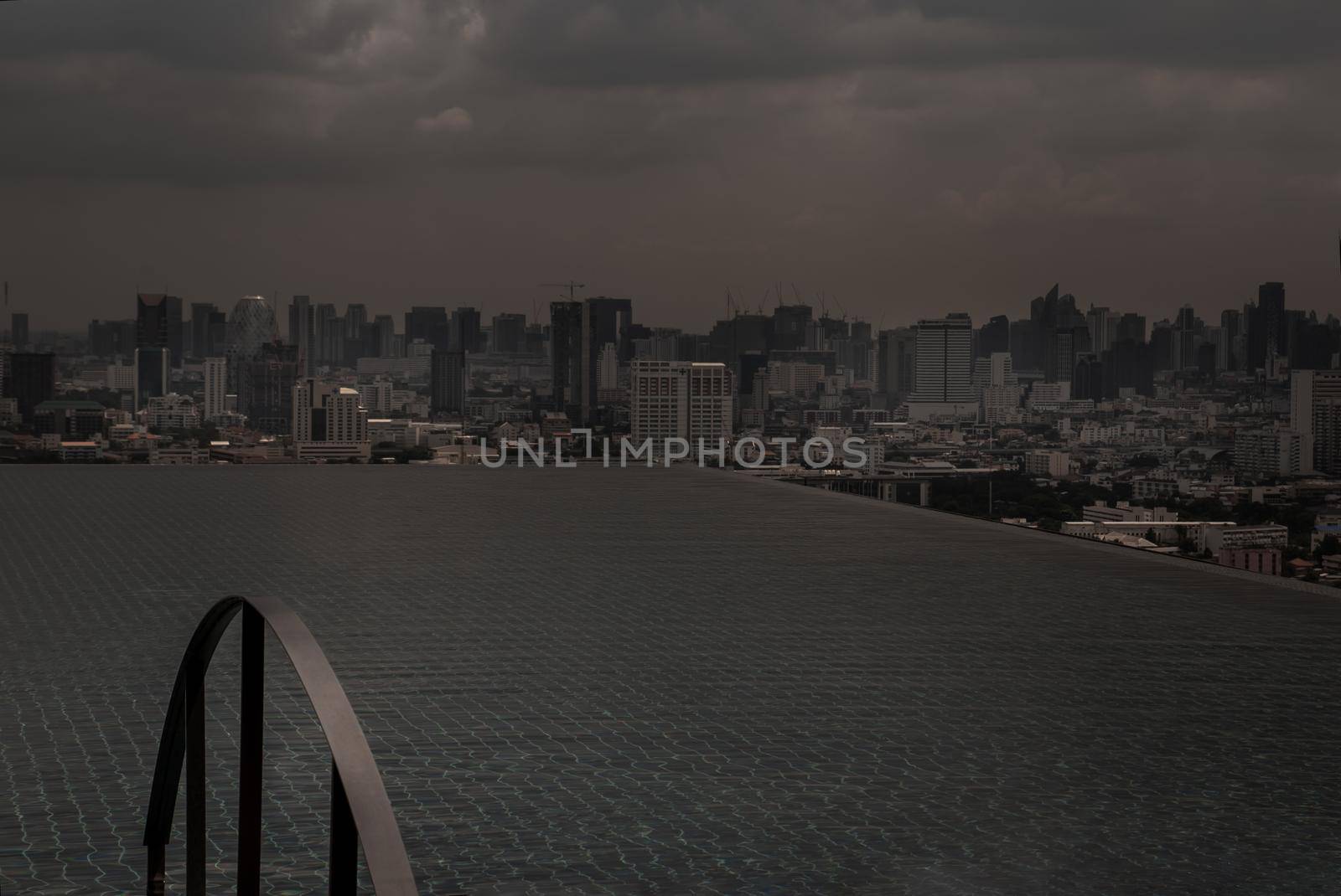 Bangkok, Thailand - Oct 05, 2019 : Pool view, The evening view from roof top infinity pool in Bangkok.