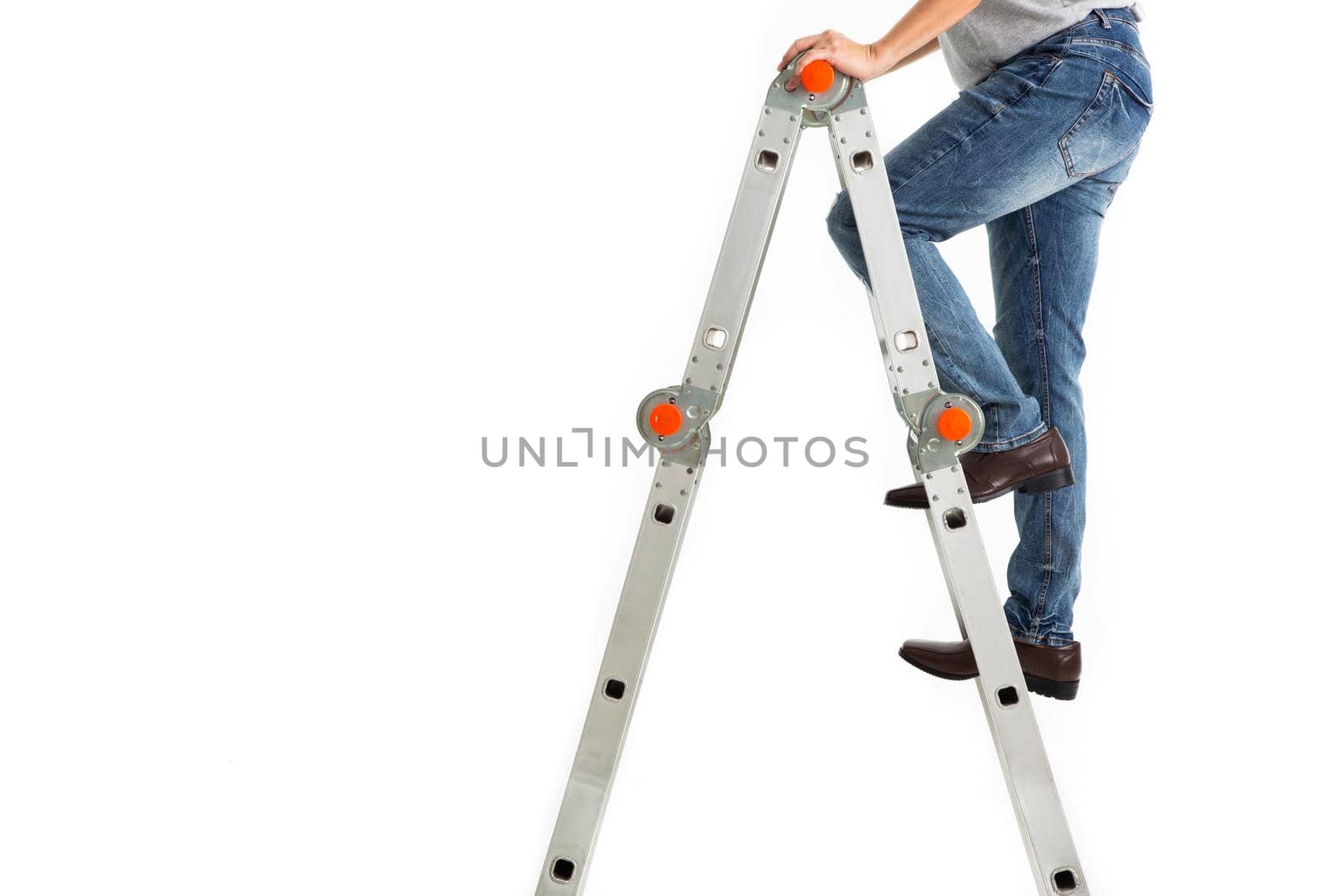 The man climb on the construction ladder isolated on white background