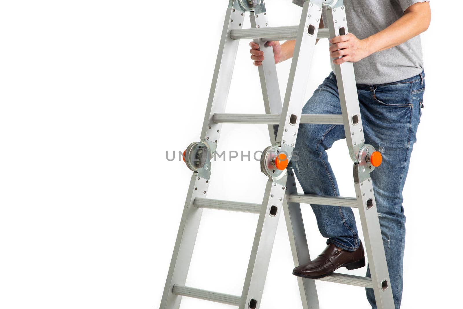 The man climb on the construction ladder by tehcheesiong