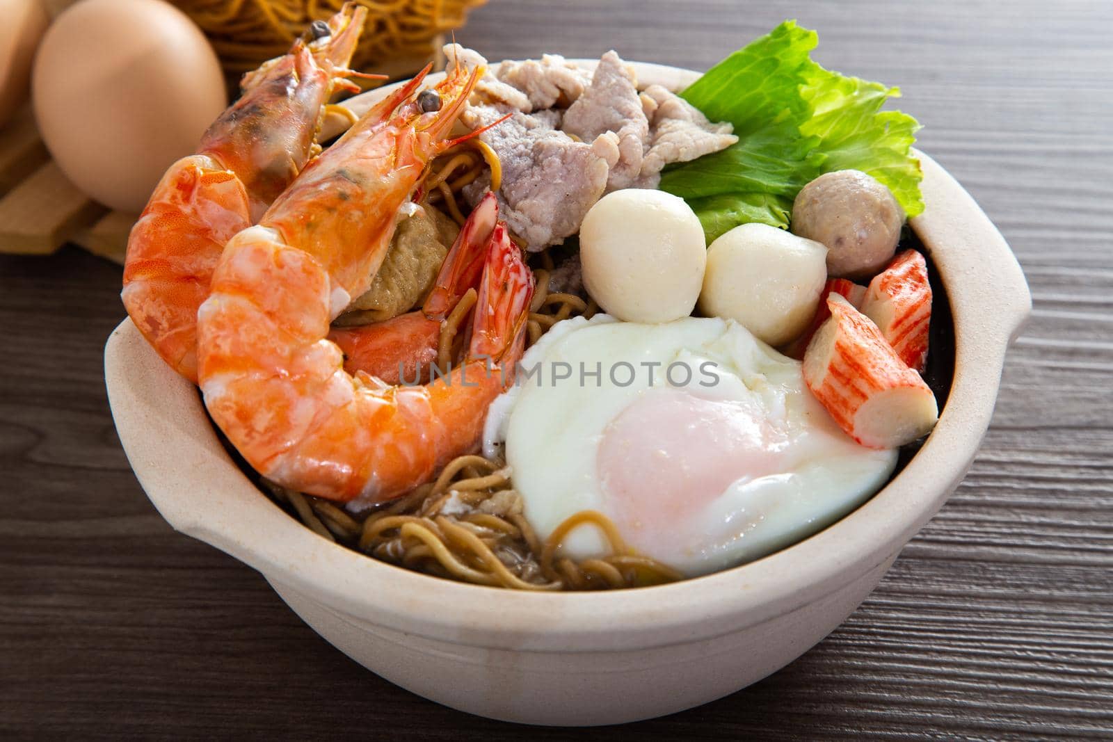 Clay Pot Yee Mee Seafood Noodle Soup with flavorful Cooked Ingredients