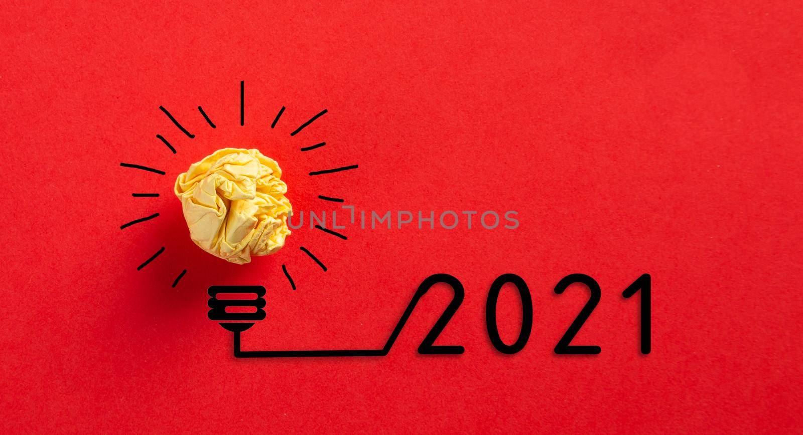 2021 Creativity and inspiration ideas concepts with lightbulb on red color background.Business solution