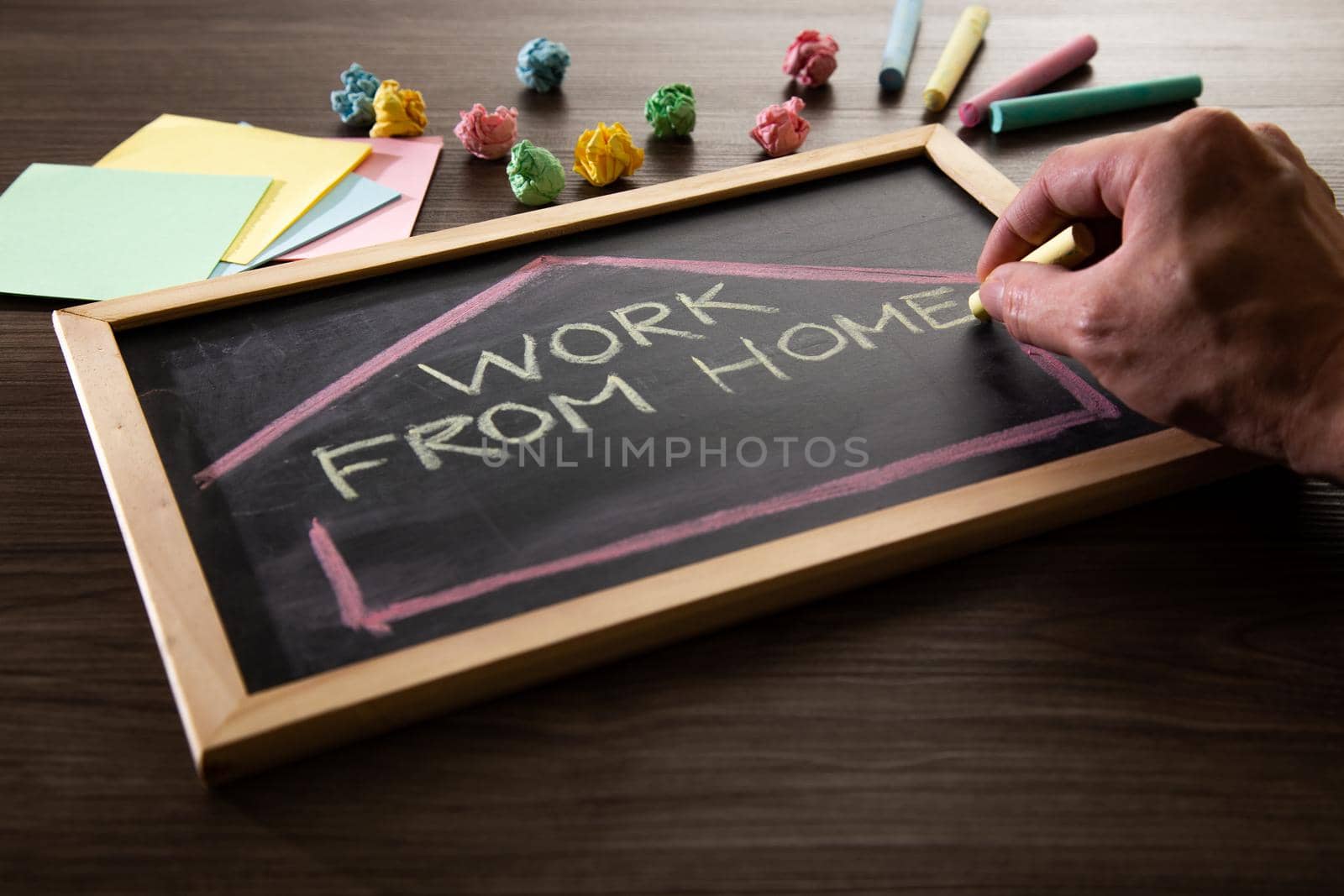 Work From Home word on blackboard written in chalk, Coronavirus concept.