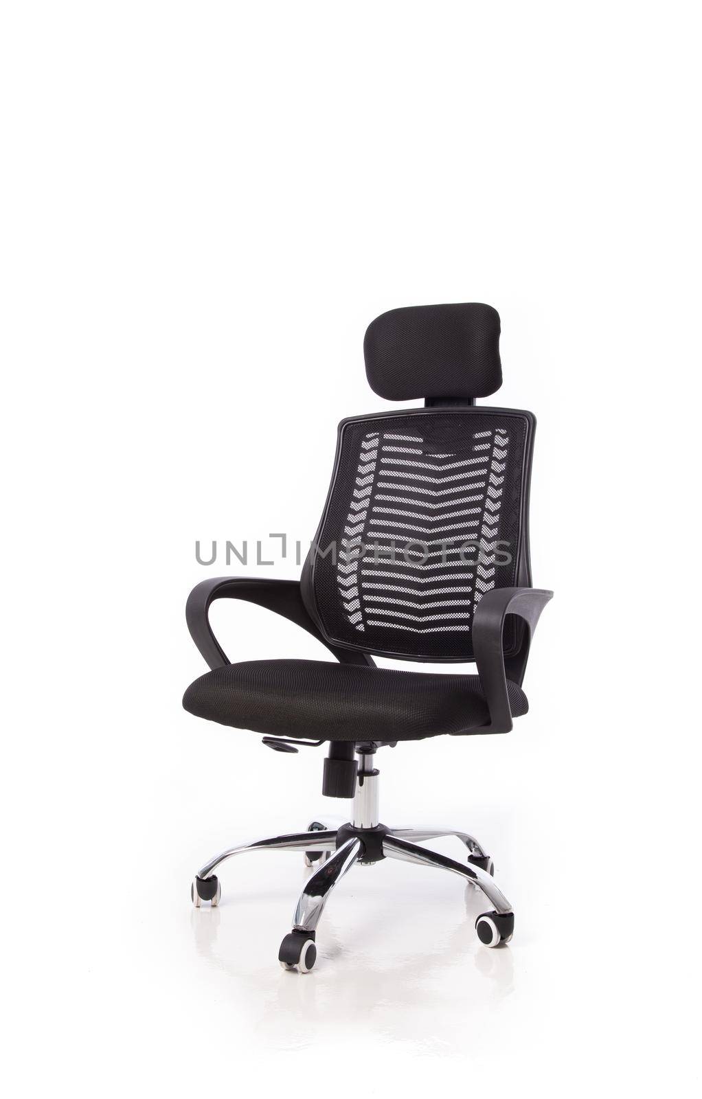 office chair with black backrest, black seat and handles, stainless steel legs, isolated on white background