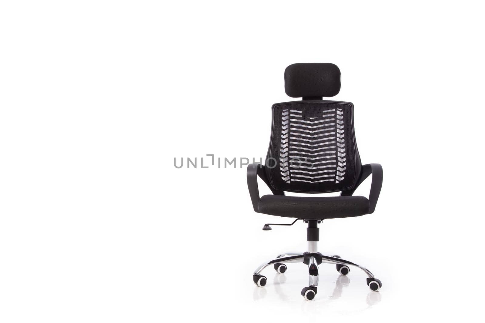 office chair with black backrest, black seat and handles, stainless steel legs, isolated on white background