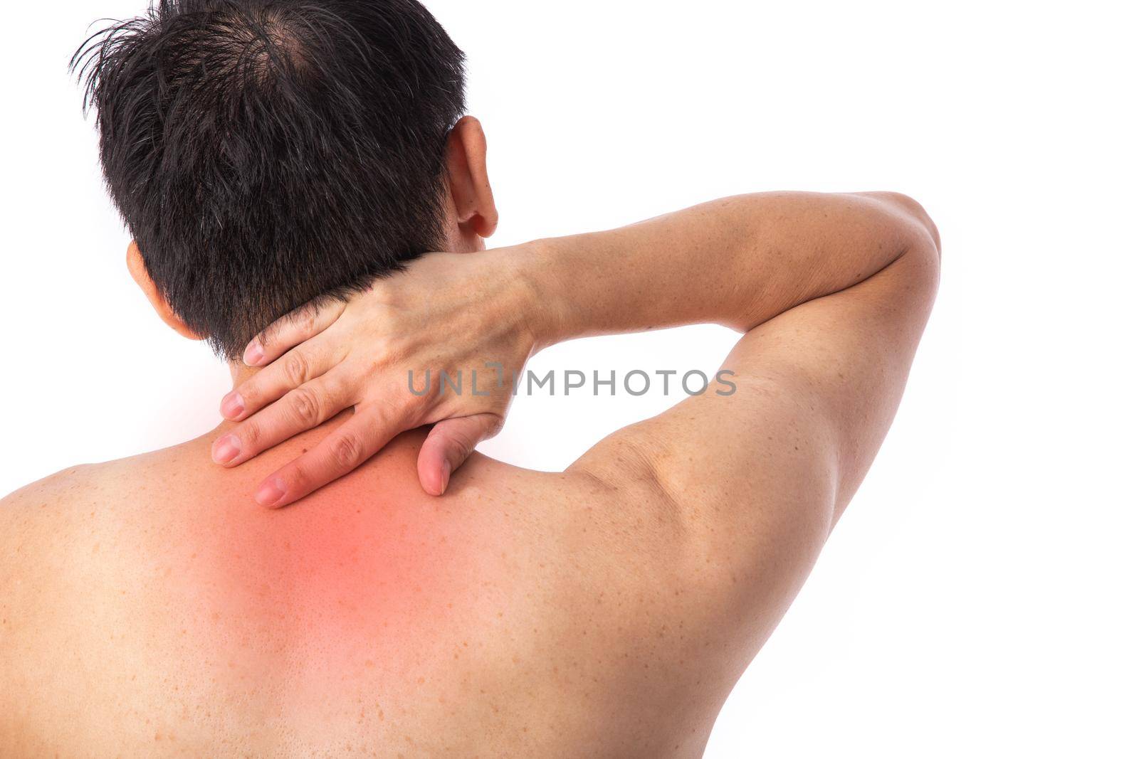 Sore pain of neck. Sprain and arthritis symptoms. middle age man holding his hurt neck over white background.