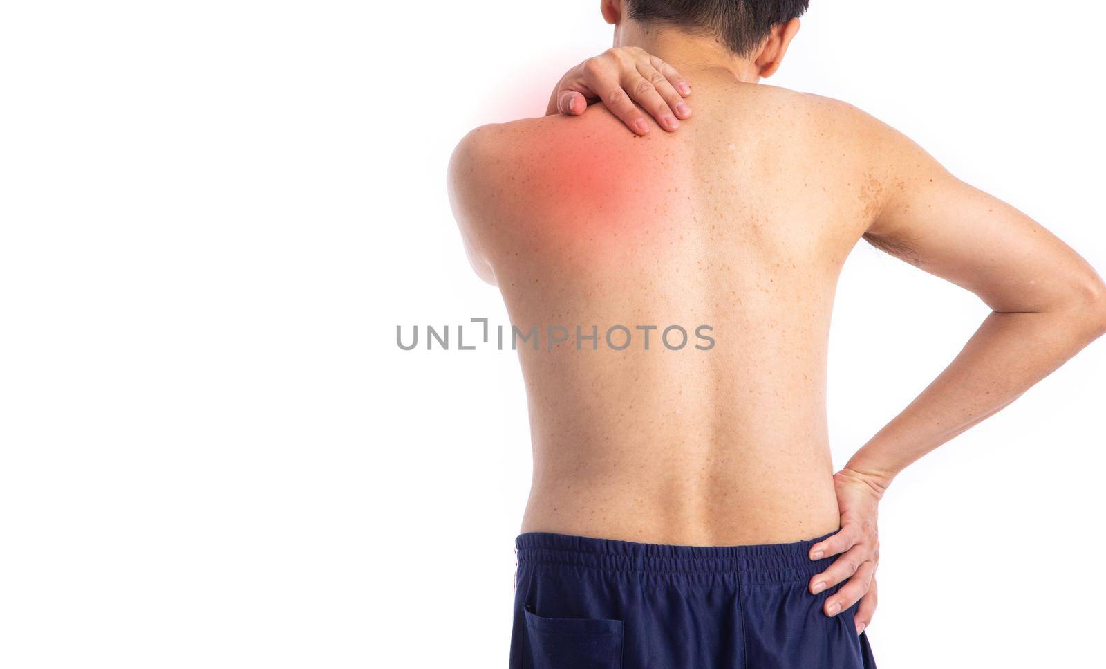 Sore pain of shoulder. Sprain and arthritis symptoms. middle age man holding his hurt shoulder over white background.