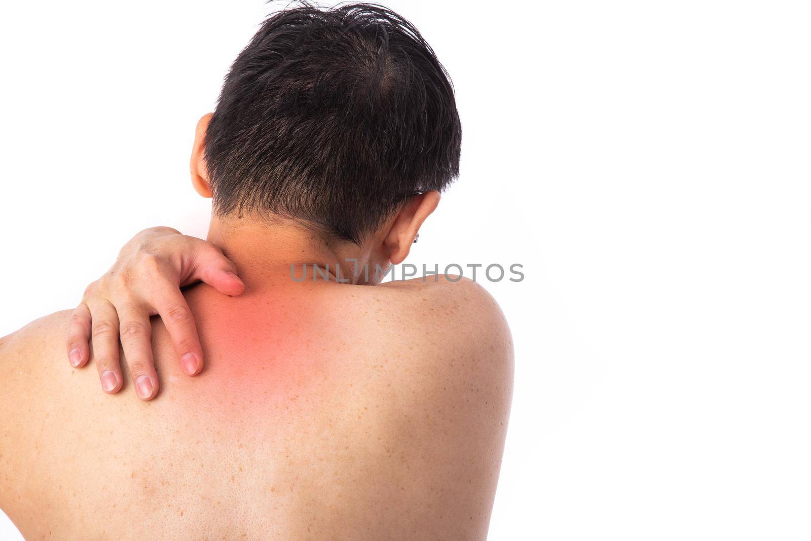 Sore pain of shoulder. Sprain and arthritis symptoms. middle age man holding his hurt shoulder by tehcheesiong