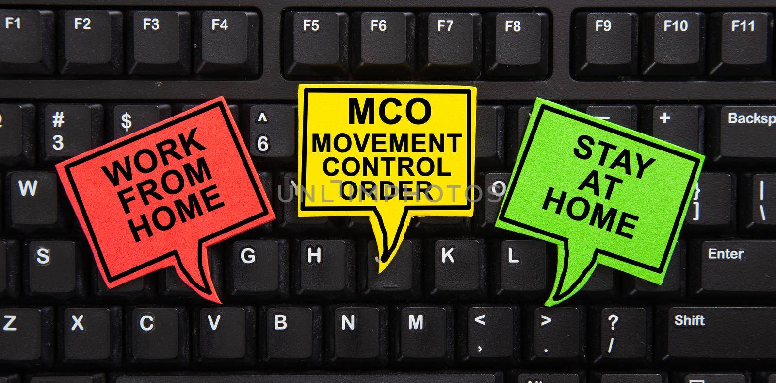 Speech bubble with the word of WORK FROM HOME, STAY AT HOME and MCO MOVEMENT CONTROL ORDER by tehcheesiong