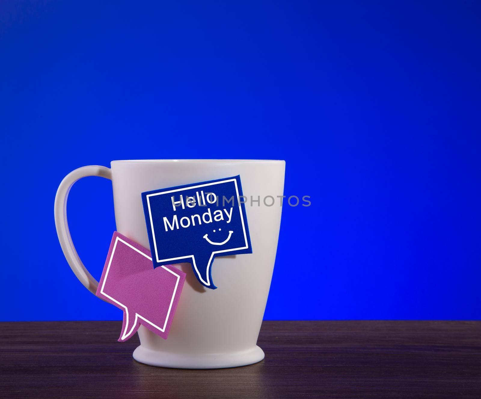 Morning Coffee. Hello Monday greetings concept with cute smiling face sign. 