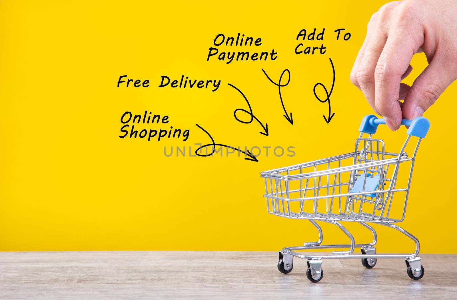 Online Shopping Conceptual - Hand pushing a shopping cart by tehcheesiong