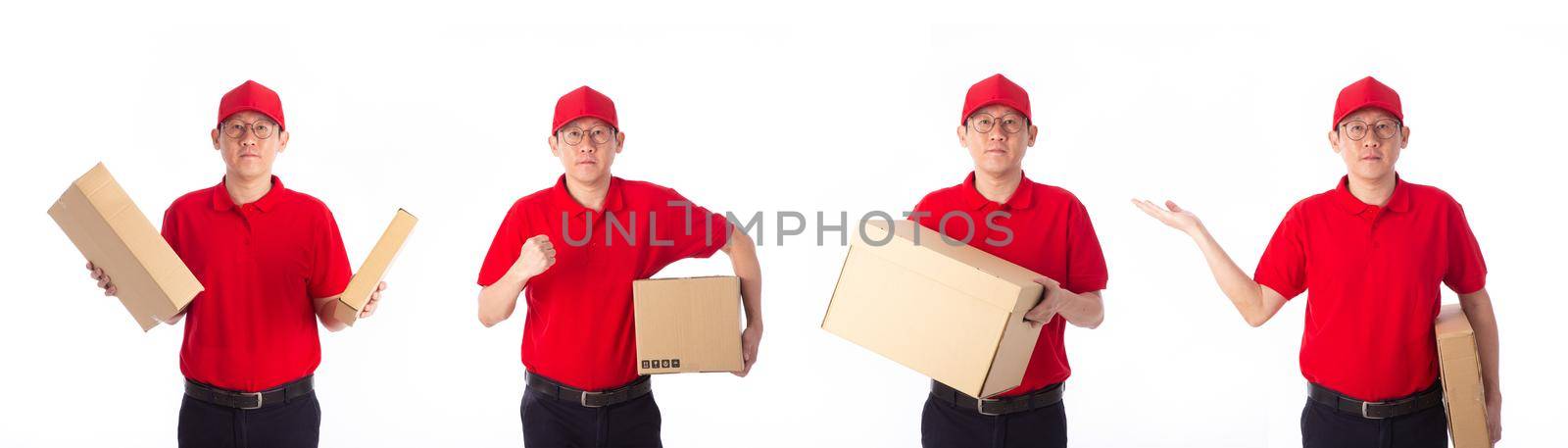 Delivery Concept - Set of Portrait of delivery man in red cloth holding a box package. Isolated on white background. 