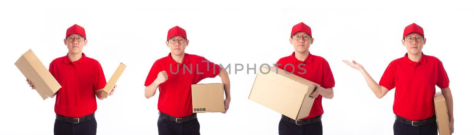 Delivery Concept - Set of Portrait of delivery man in red cloth holding a box package. Isolated on white background. 