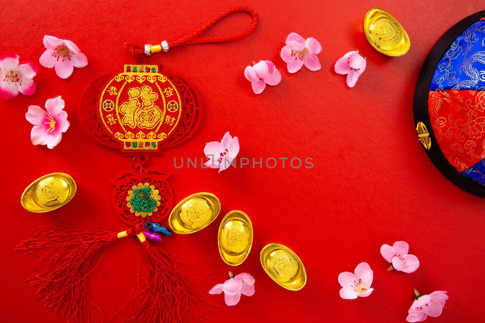 Translation of text appear in image: Prosperity and Spring. Flat lay Chinese new year